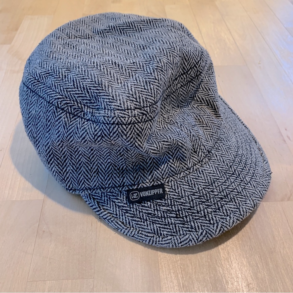 Von Zipper military style hat in wool herringbone tweed - Size Small/Medium